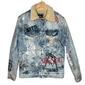 Zara Blue Denim Jacket with Beige Collar